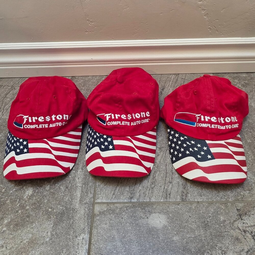 lot of 3 Firestone Complete Auto American Flag Red Baseball Cap Hat Adjustable